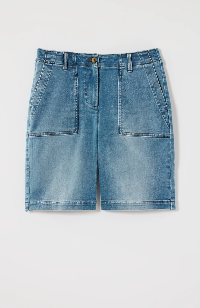 denim patch-pocket shorts