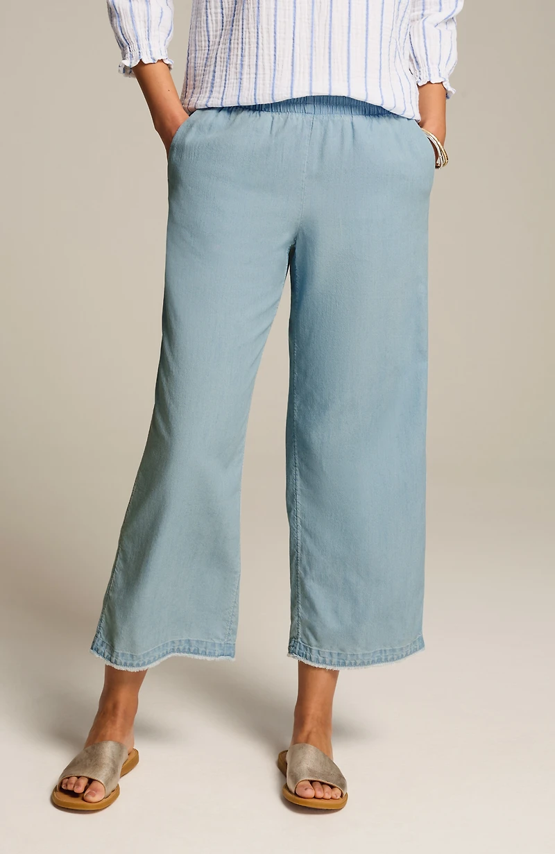 indigo fringe-hem full-leg crops