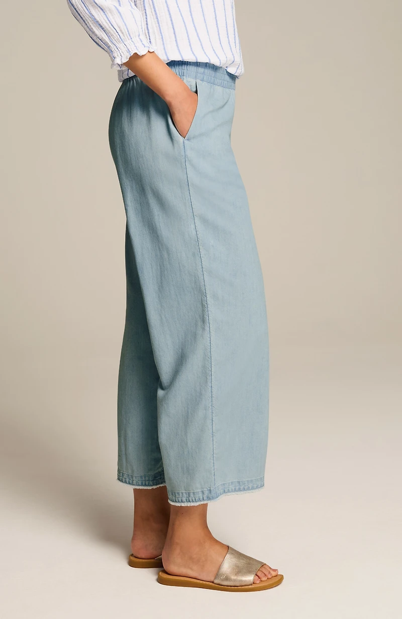 indigo fringe-hem full-leg crops