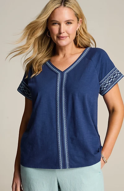 pure jill embroidered cap-sleeve tee