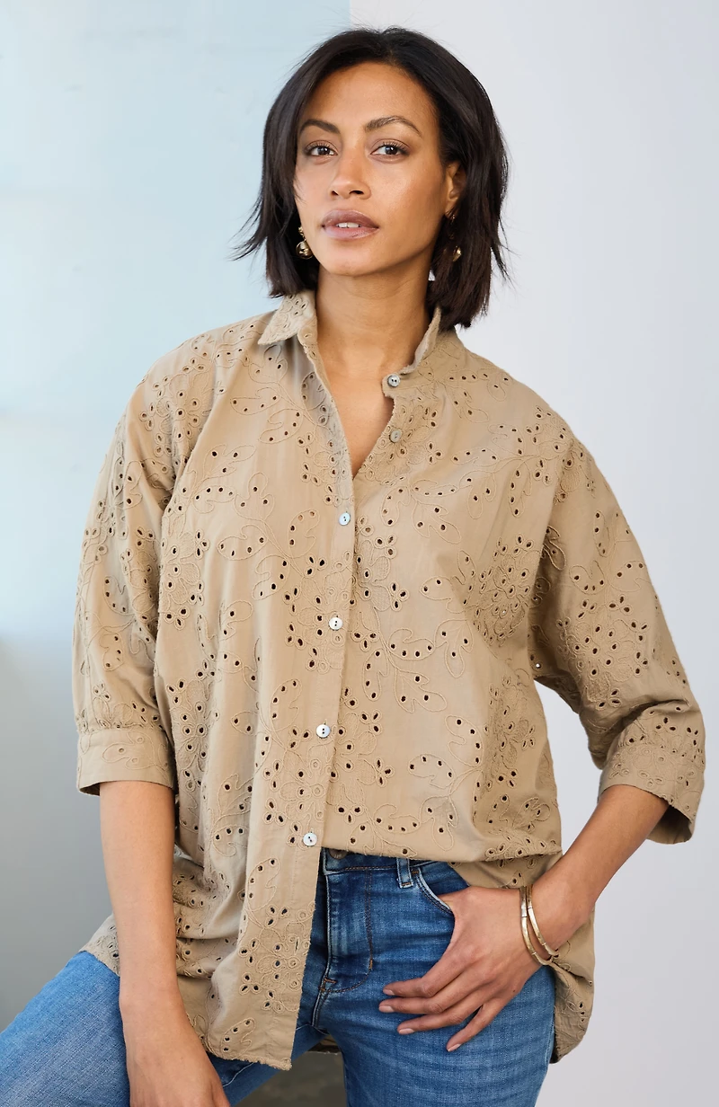 pure jill eyelet button-front shirt