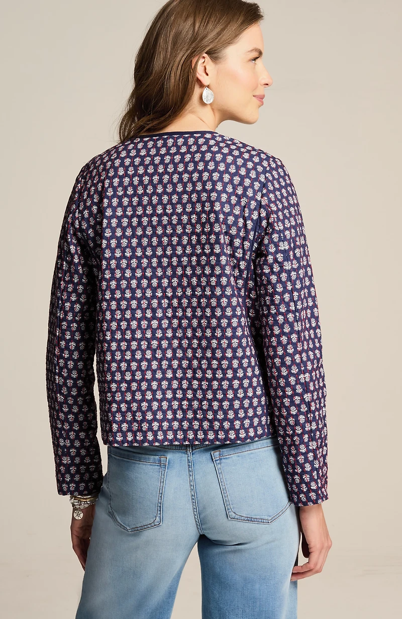 quilted open-front jacket
