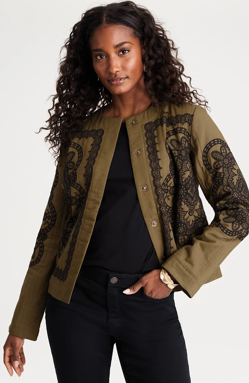pure jill embroidered snap-front jacket