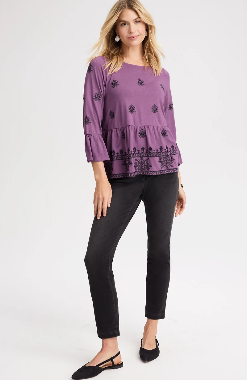 pure jill embroidered-knit flounced top