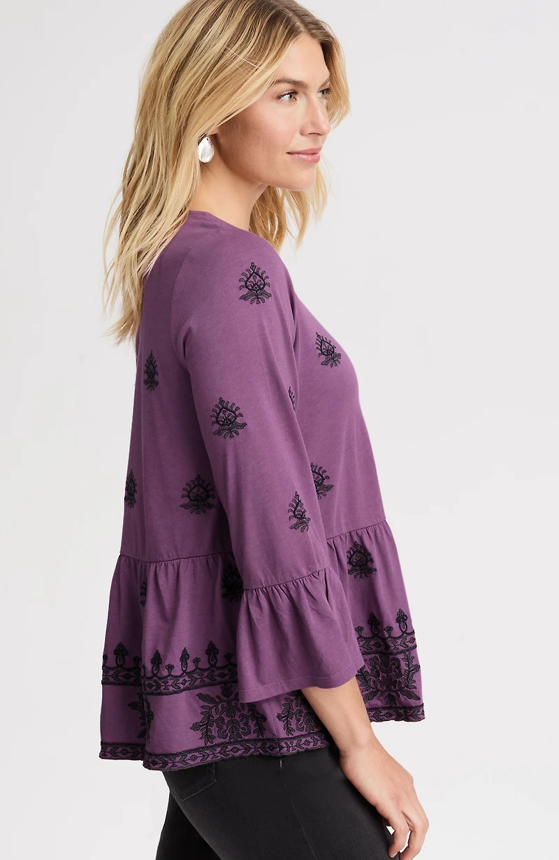 pure jill embroidered-knit flounced top