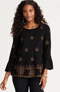pure jill embroidered-knit flounced top