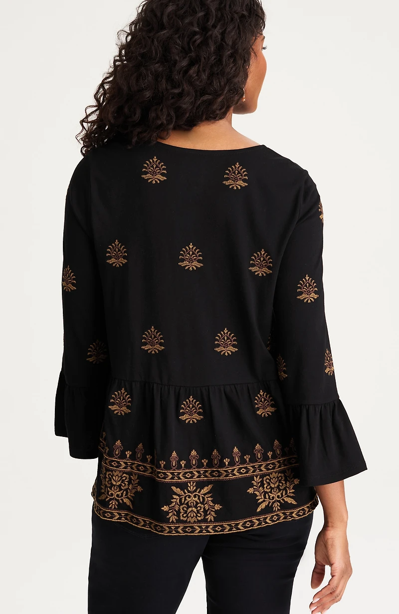pure jill embroidered-knit flounced top