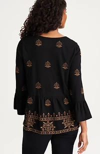 pure jill embroidered-knit flounced top