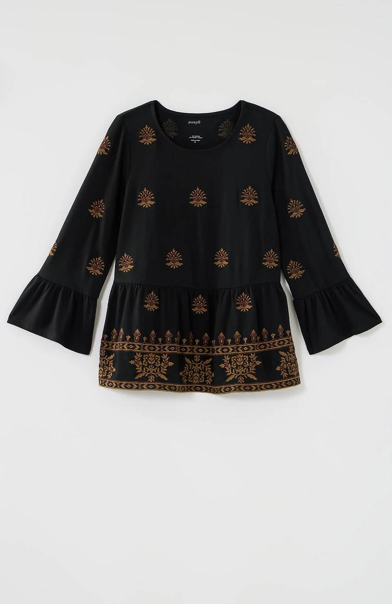 pure jill embroidered-knit flounced top