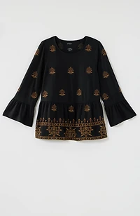 pure jill embroidered-knit flounced top
