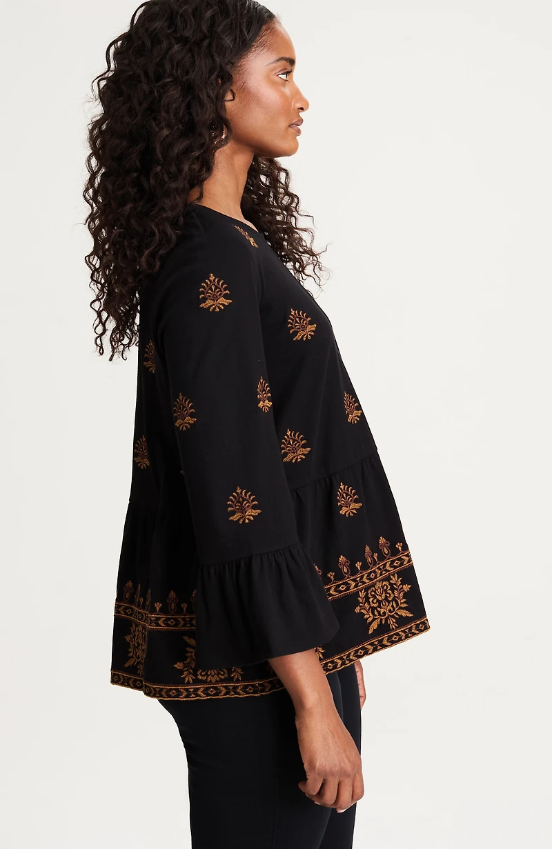 pure jill embroidered-knit flounced top