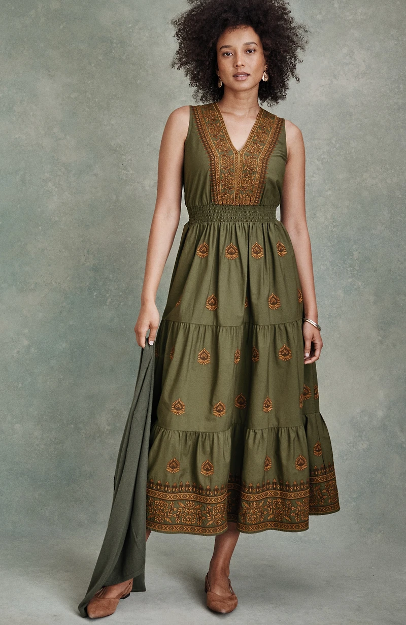 pure jill embroidered smocked-waist tiered dress