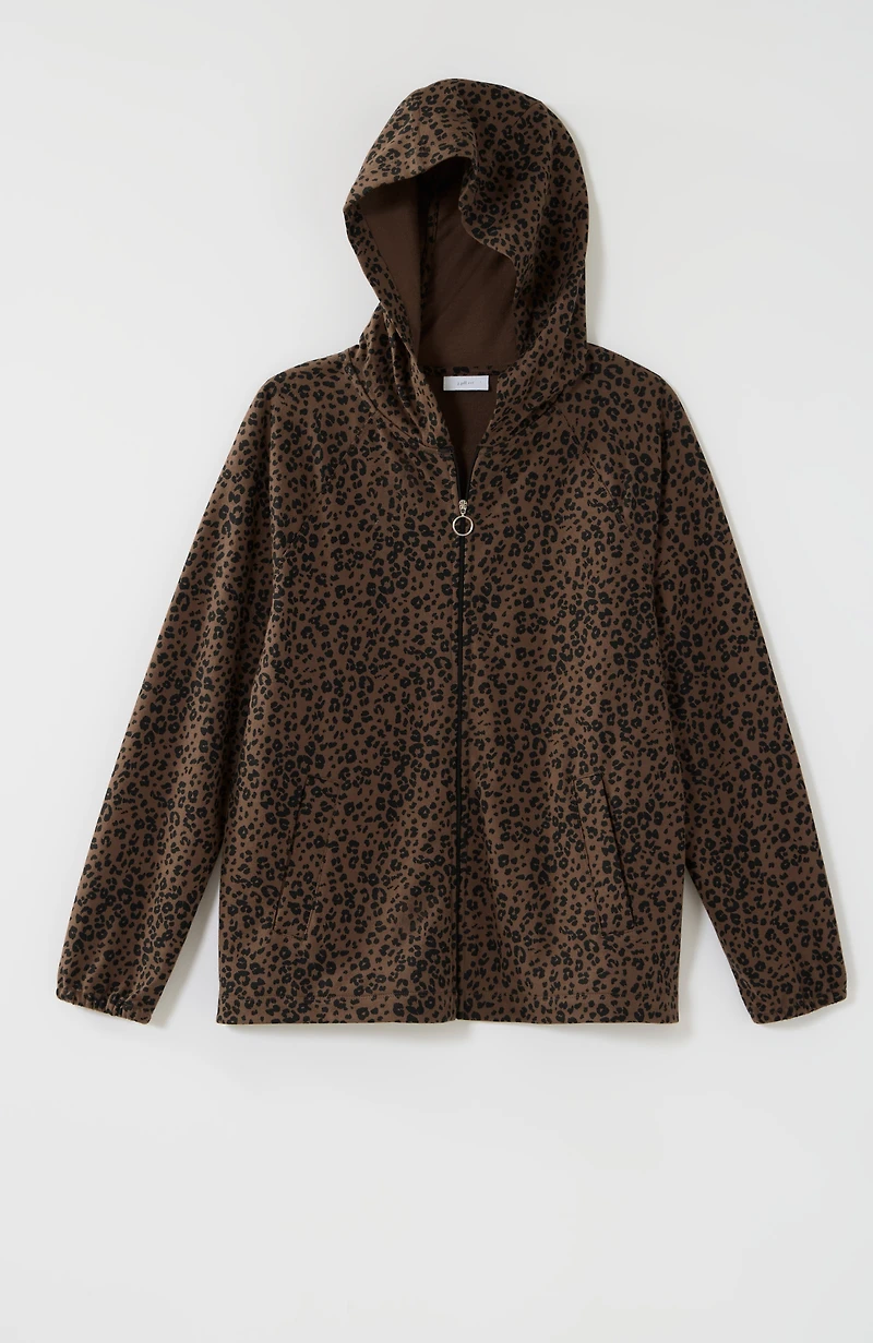 fit leopard-printed zipper hoodie