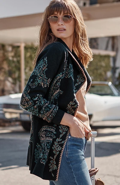 embroidered jacquard shawl-collar cardi