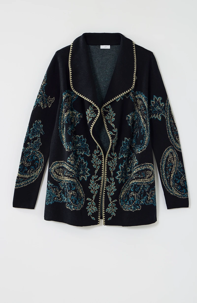embroidered jacquard shawl-collar cardi