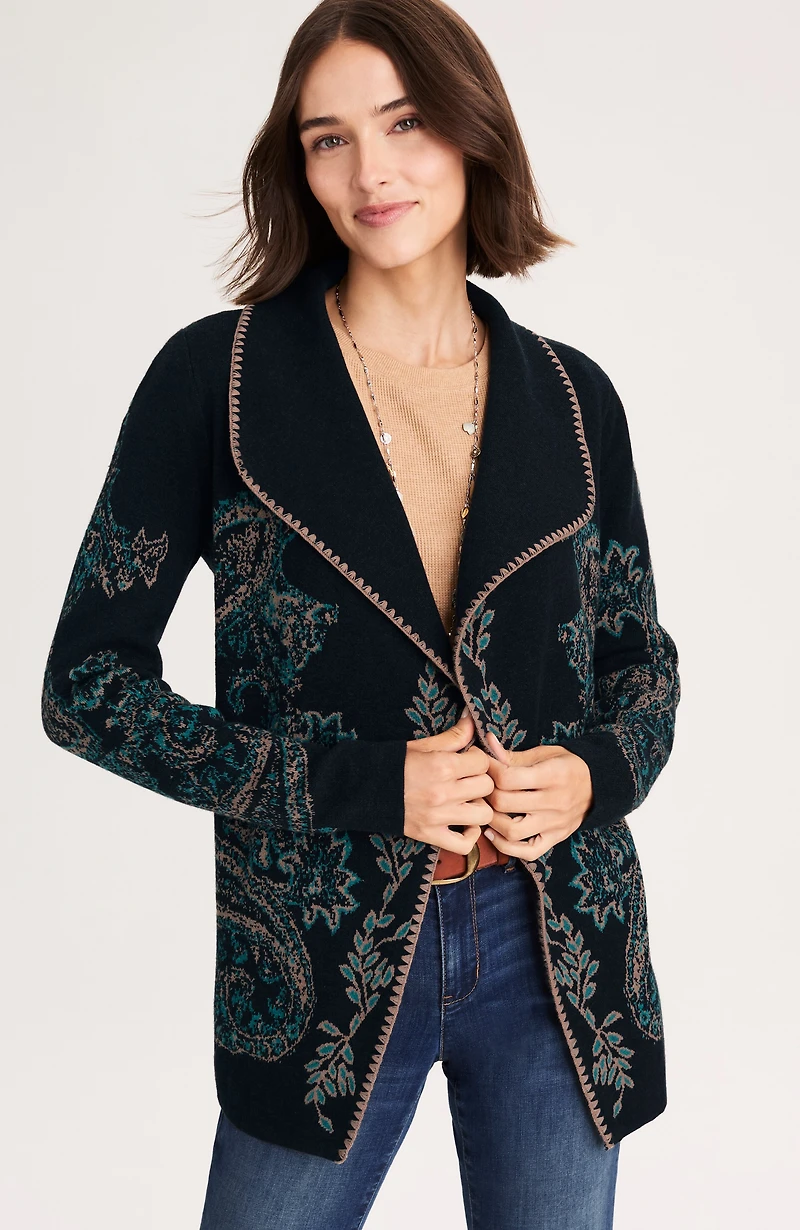 embroidered jacquard shawl-collar cardi