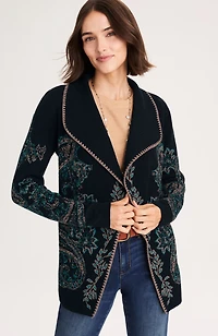 embroidered jacquard shawl-collar cardi
