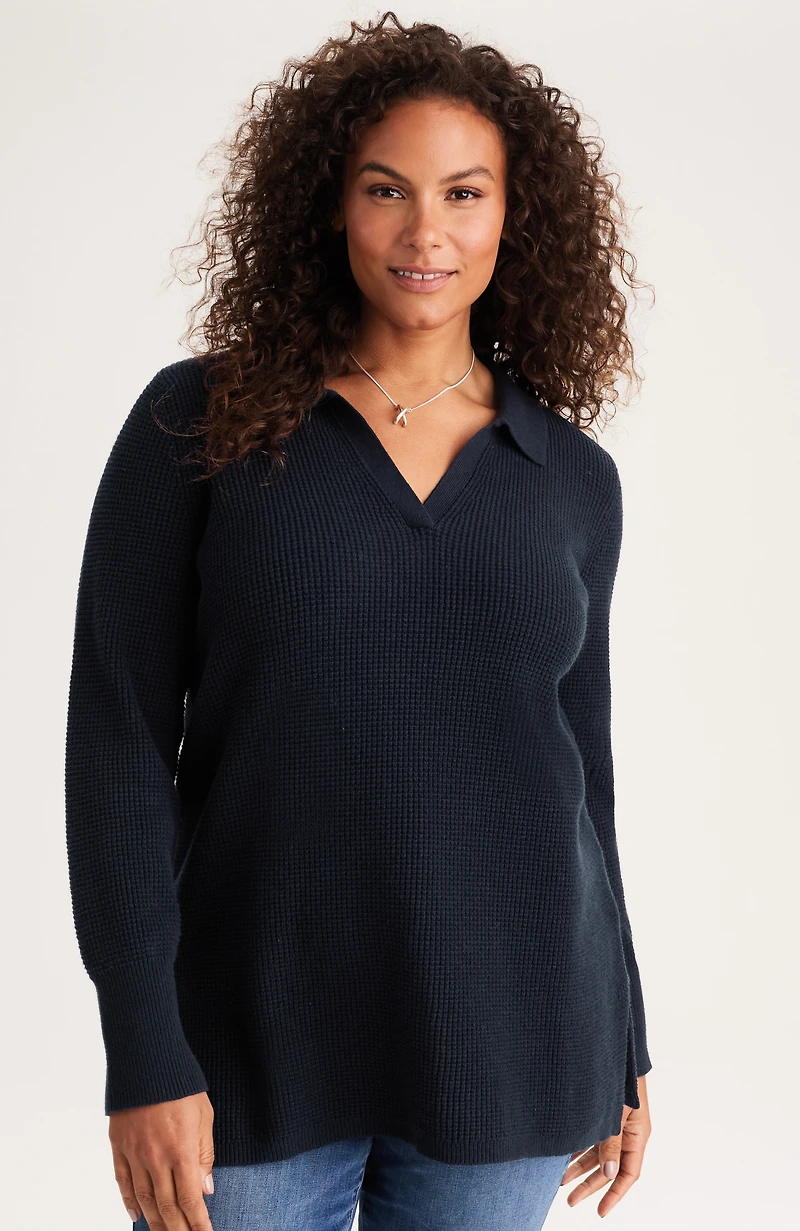 textured johnny-collar sweater tunic