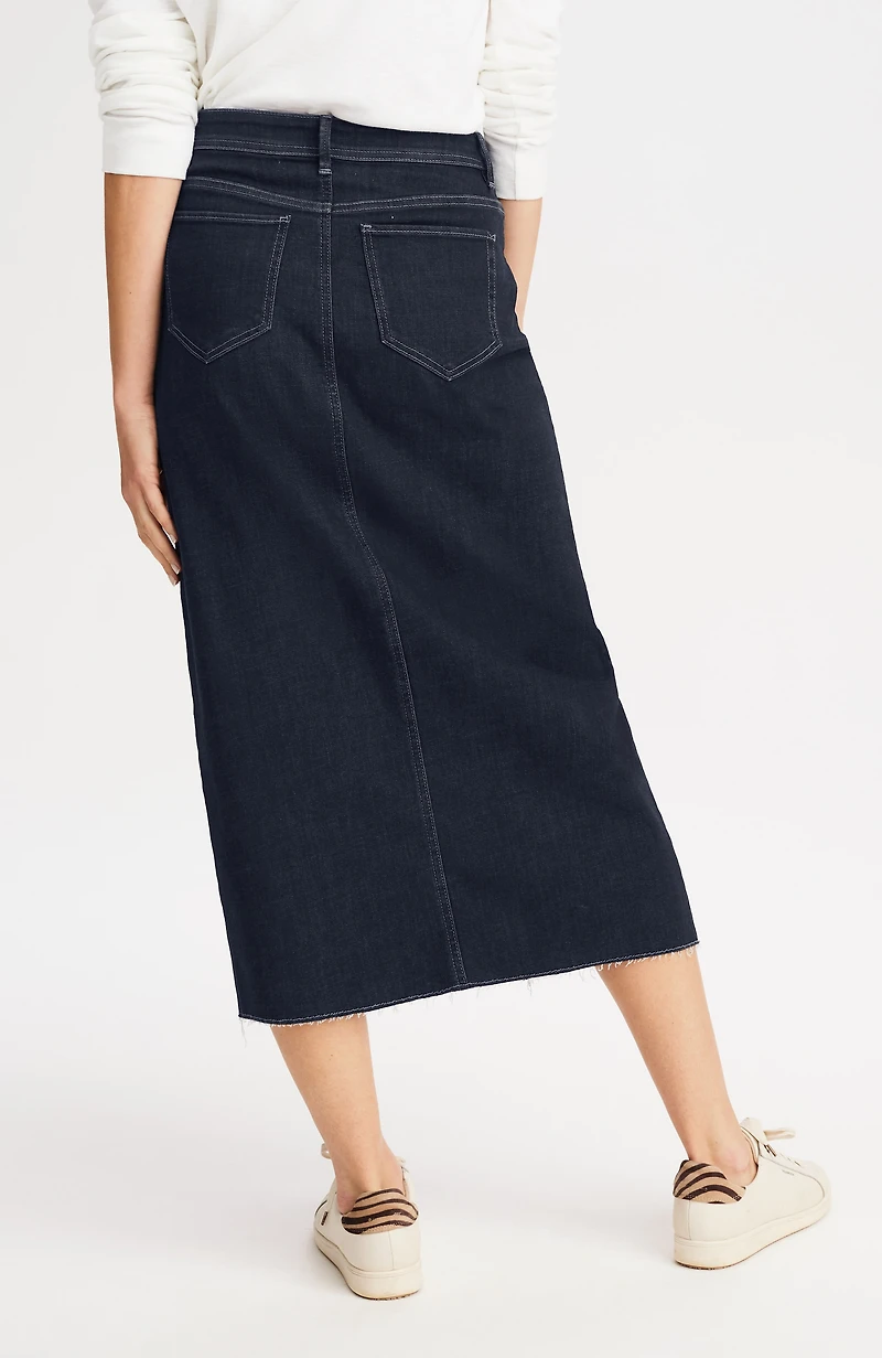 fringed-hem denim midi skirt