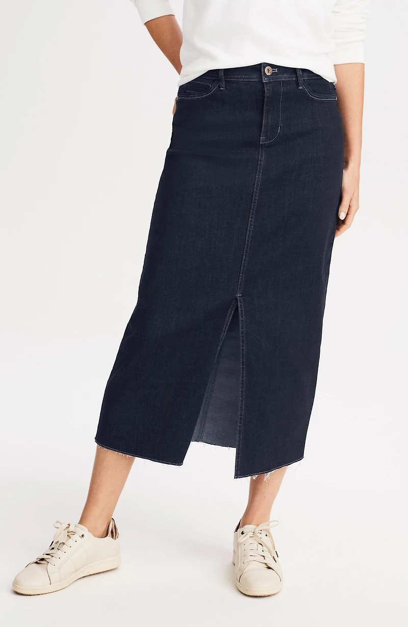 fringed-hem denim midi skirt