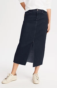 fringed-hem denim midi skirt