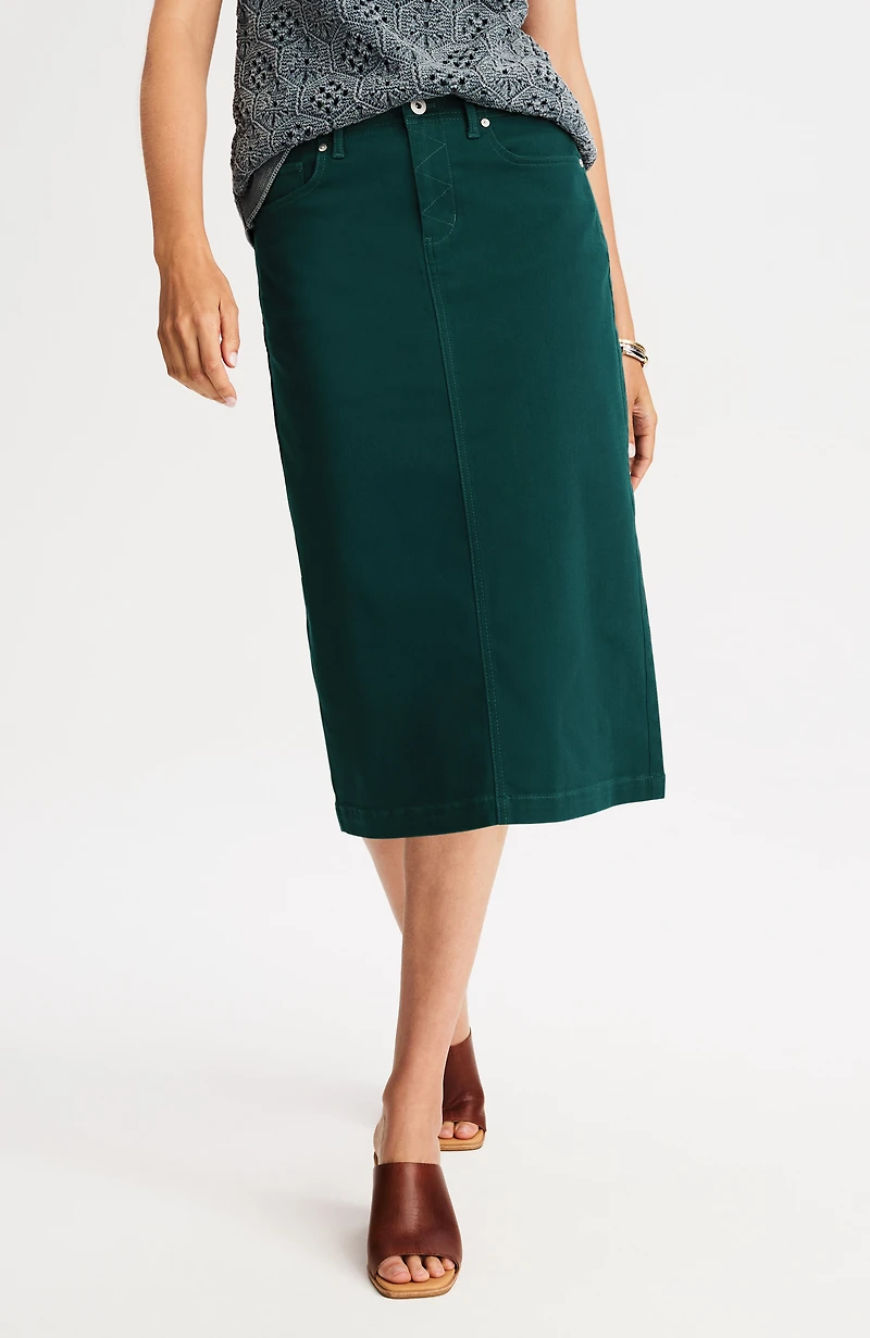 slit-back denim midi skirt