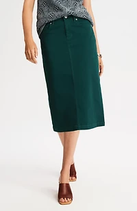 slit-back denim midi skirt
