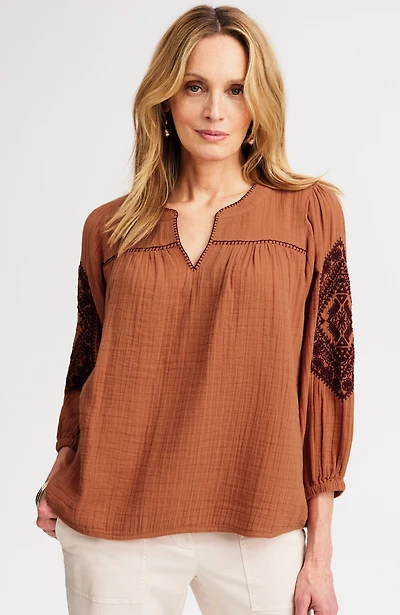 cotton-gauze contrast-embroidered top