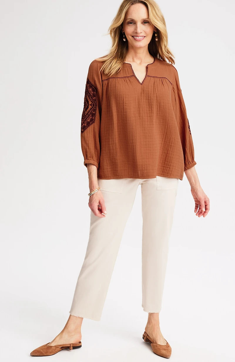 cotton-gauze contrast-embroidered top