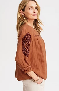 cotton-gauze contrast-embroidered top