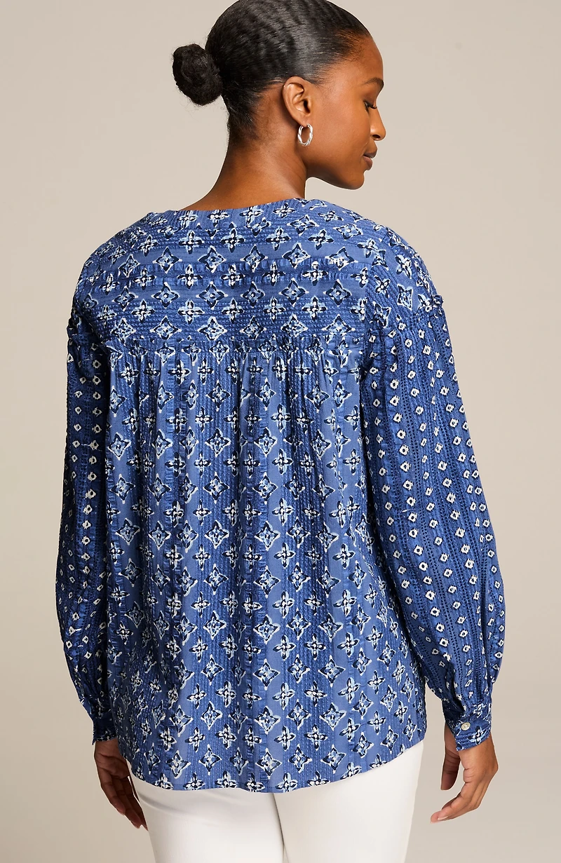 mixed-print seersucker top