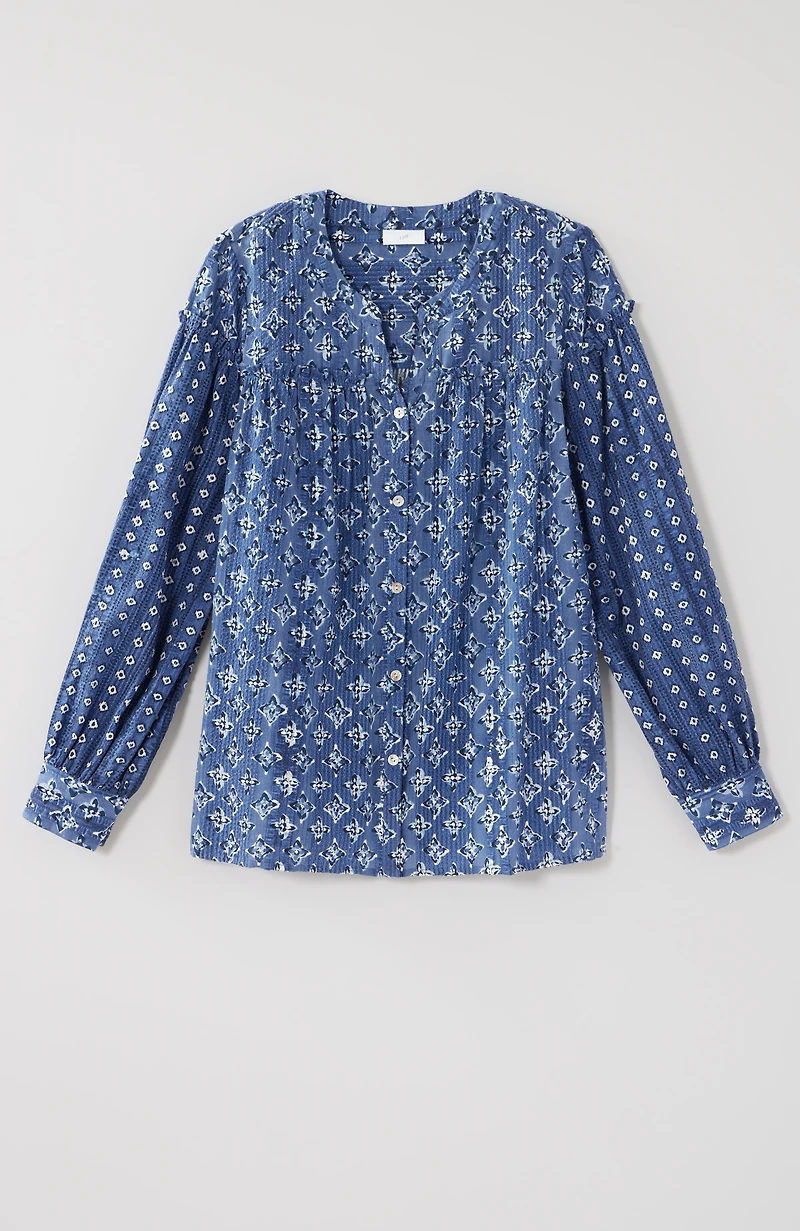 mixed-print seersucker top