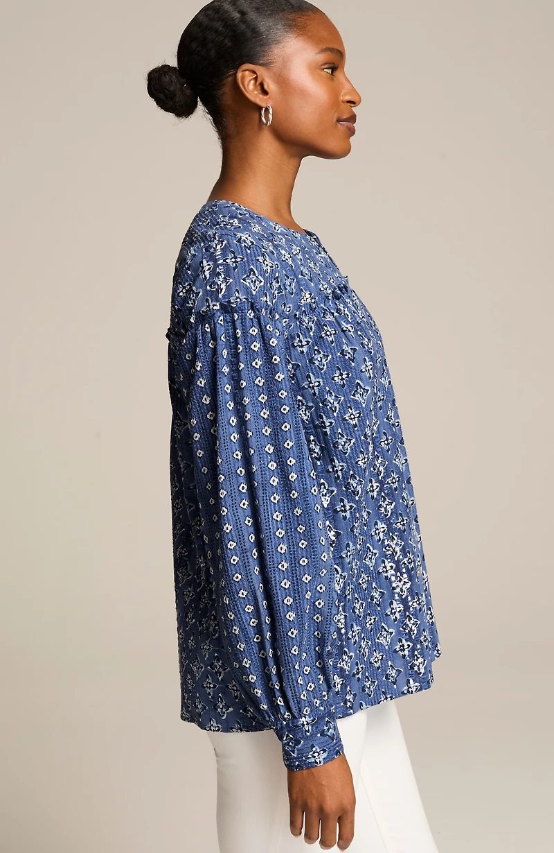 mixed-print seersucker top