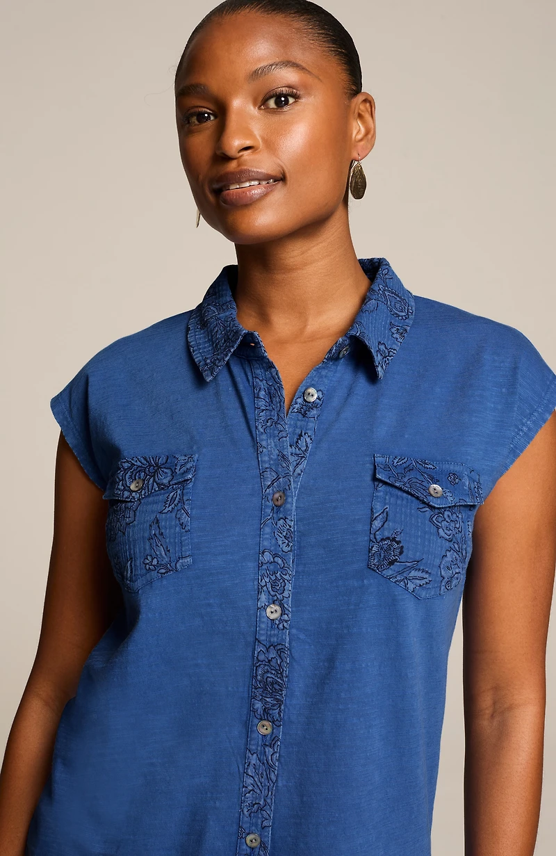 mixed-media patch-pocket top