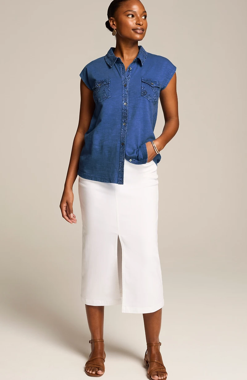 mixed-media patch-pocket top