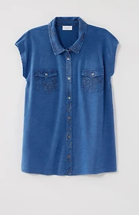 mixed-media patch-pocket top