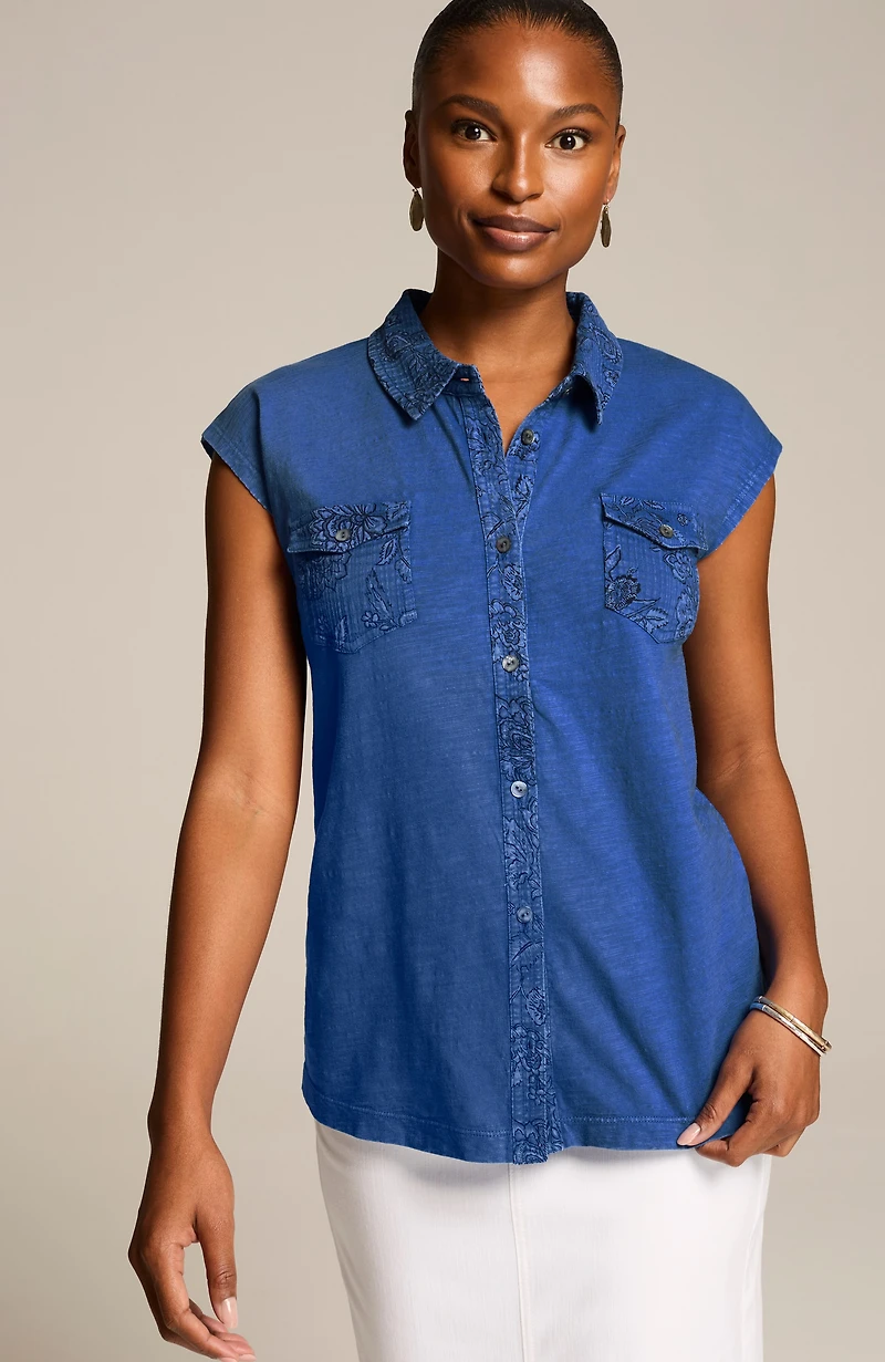 mixed-media patch-pocket top