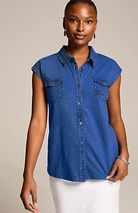 mixed-media patch-pocket top