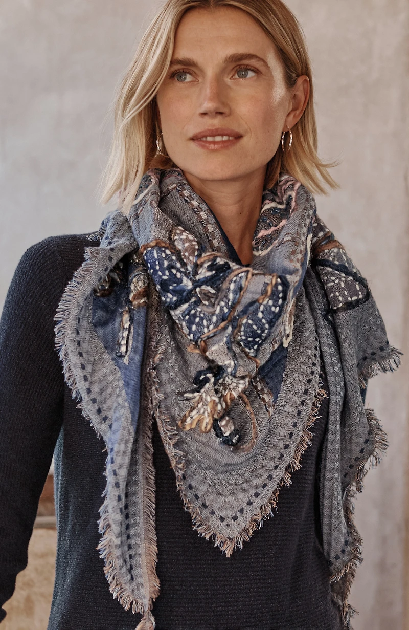 hand-embroidered floral triangle scarf