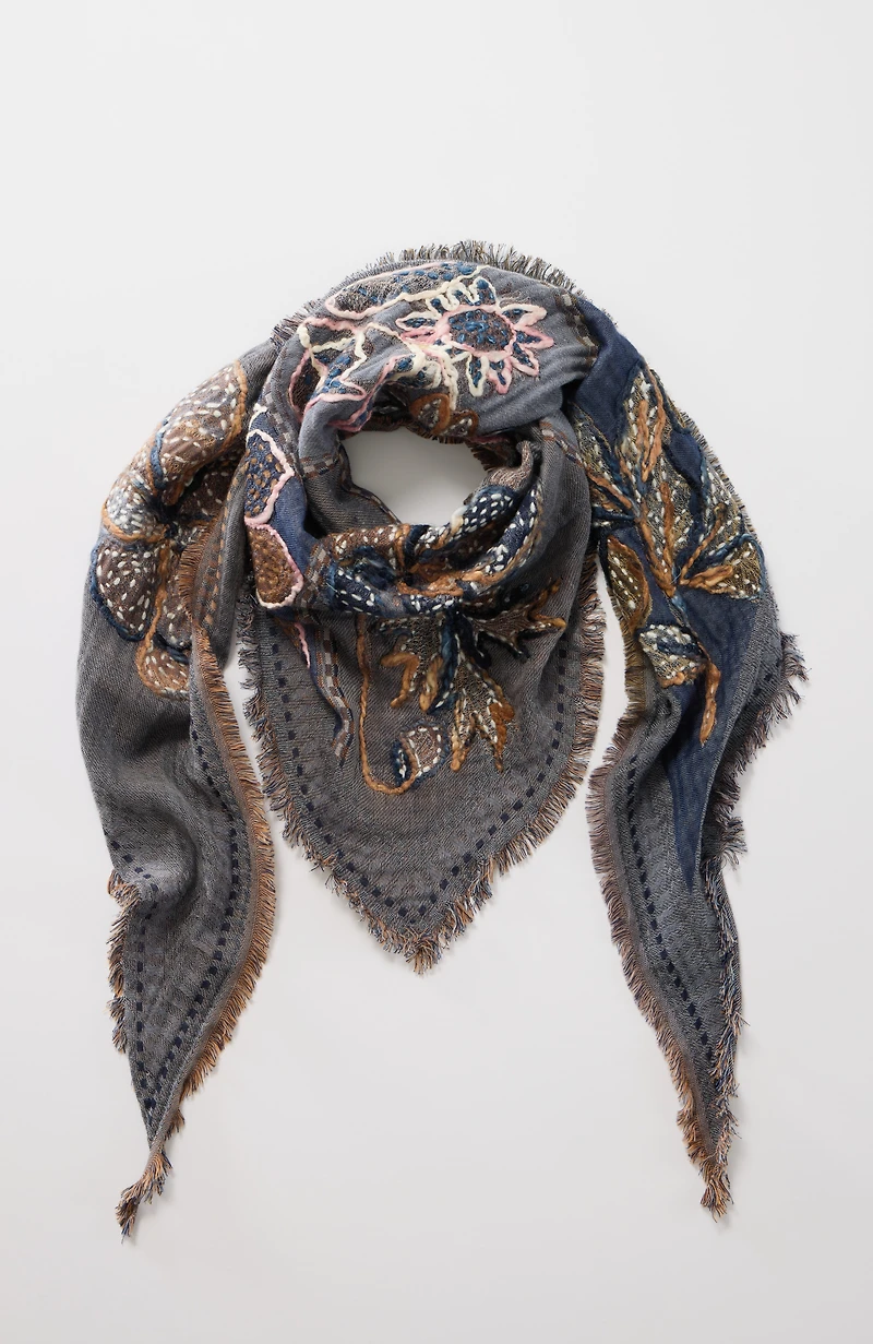 hand-embroidered floral triangle scarf