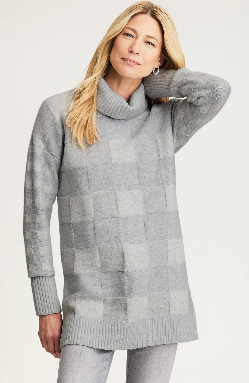 checkered turtleneck sweater