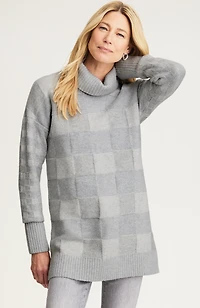 checkered turtleneck sweater
