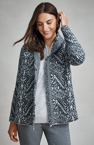 pure jill printed jacquard fringed cardi