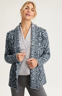 pure jill printed jacquard fringed cardi