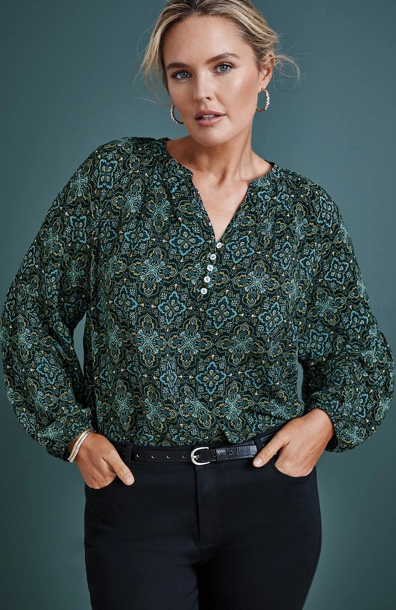 medallion-printed shirred top