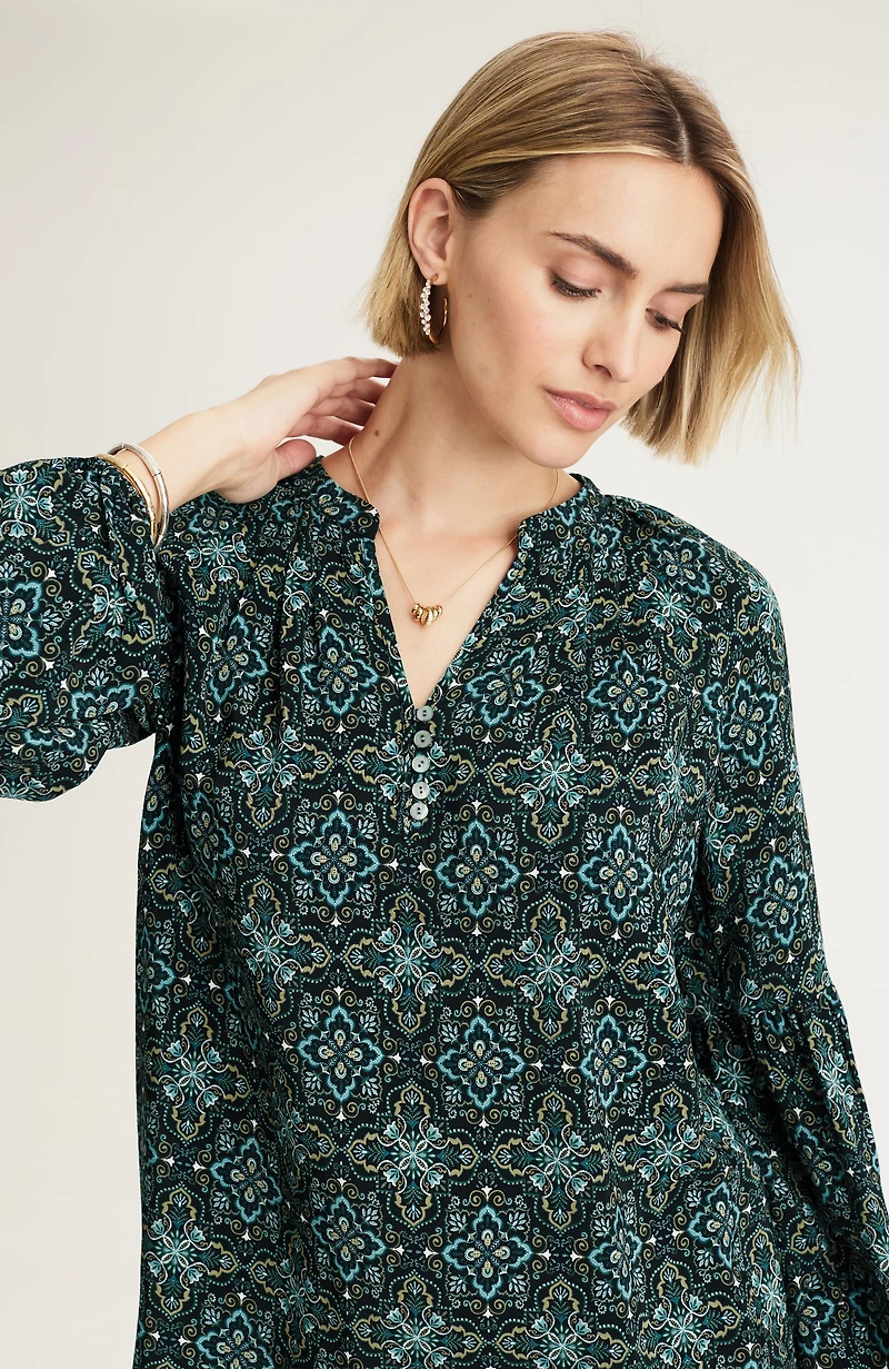 medallion-printed shirred top