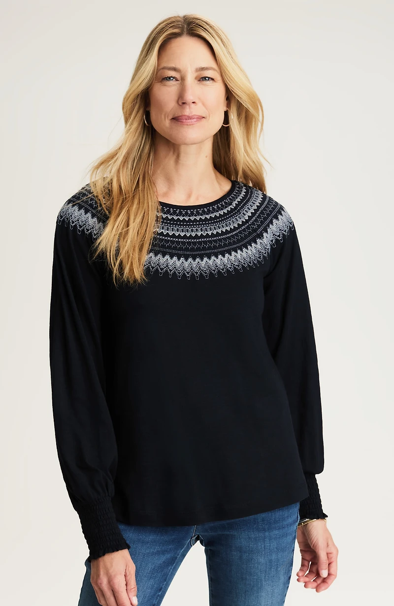 fair isle embroidered smocked top