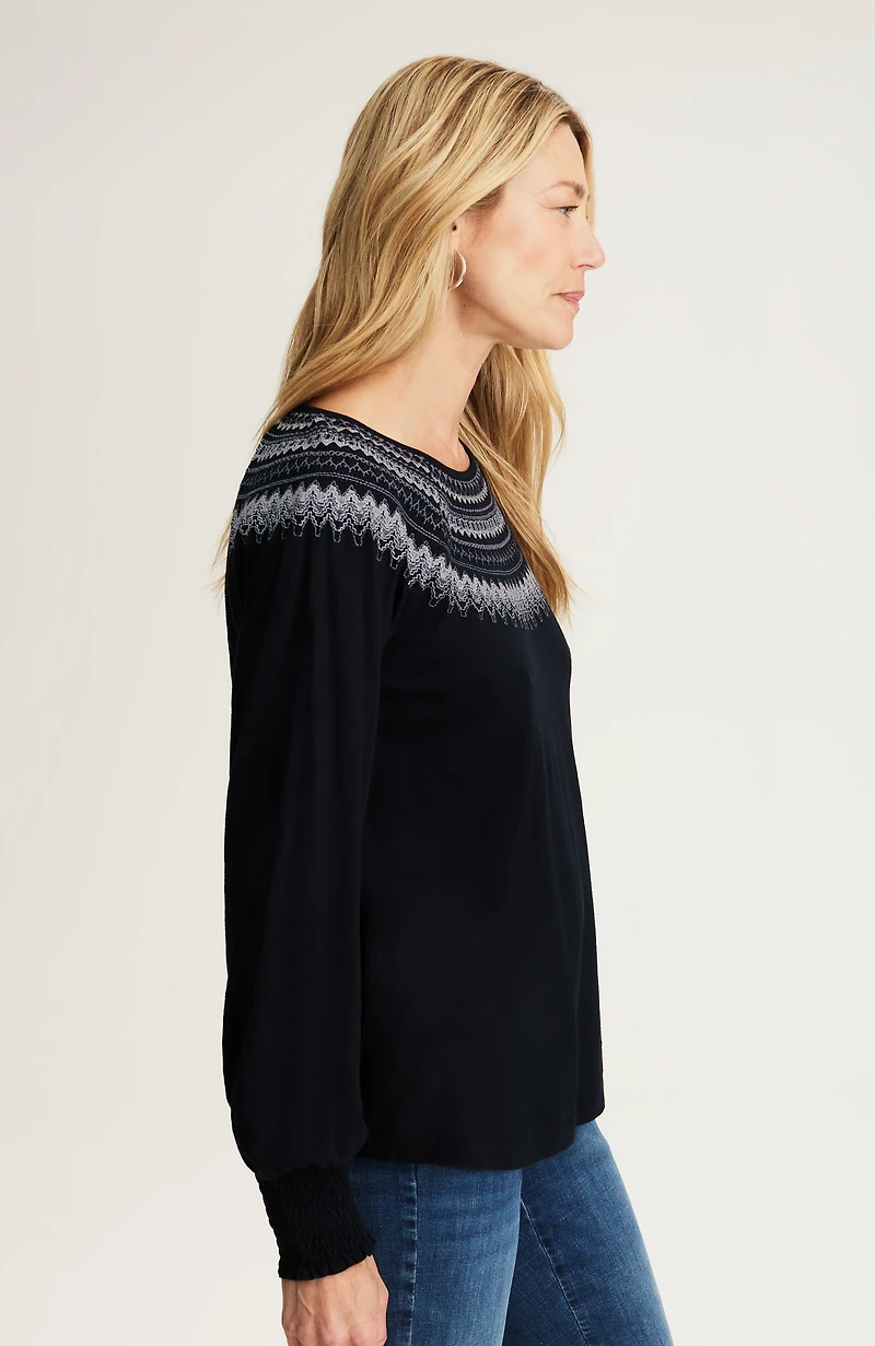 fair isle embroidered smocked top