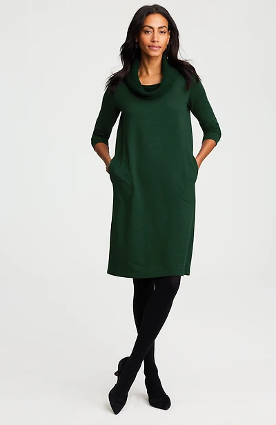 sweater-trimmed cowl-neck dress
