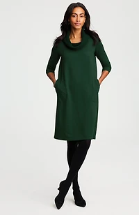 sweater-trimmed cowl-neck dress